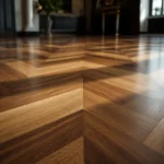 Close-up van een luxe Hongaarse punt vloer met warme houttinten en chevronpatroon, in een moderne elegante interieursetting.