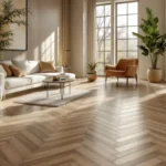 Een stijlvolle ruimte met visgraat laminaatvloer, warme tinten en modern meubilair. Natuurlijk licht benadrukt de elegante sfeer.