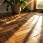 Fotorealistisch Hongaars punt houten vloer, warm verlicht, met plant en zonlicht. Symbool voor duurzaamheid en elegante kwaliteit.