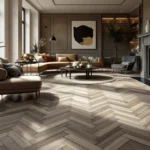 Luxe interieur met visgraat PVC-vloer, warme verlichting, moderne meubels en grote ramen die natuurlijke lichtinval toelaten.