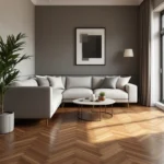 Een stijlvolle kamer met een luxe PVC-vloer in visgraatpatroon, minimalistisch meubilair en subtiele decoraties die een ruimtelijk gevoel geven.