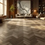 Luxe interieur met visgraat PVC vloer, grote ramen, minimalistisch meubilair en warme natuurlijke verlichting.