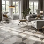Modern interieur met Hongaars Punt vloer, veel natuurlijk licht, minimalistische meubels en Scandinavische en industriële accenten.