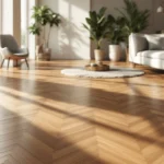 Luxueus interieur met herringbone PVC-vloer, warme houttinten, zonlicht, moderne meubels en planten; straalt duurzaamheid en klasse uit.