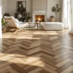 Interieur met klassieke en moderne visgraat PVC-vloeren, warm verlicht, Scandinavisch ingericht met minimalistisch meubilair.