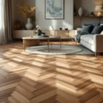 Luxe woonkamer met Hongaars Punt parket, een moderne bank, en tafel, verlicht door natuurlijk licht; elegant en verfijnd interieur.