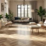 Een luxe interieur met een herringbone PVC-vloer, minimalistisch meubilair, groene planten en warme, natuurlijke verlichting.