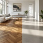Interieur met herringbone klik PVC en glad gewoon PVC vloeren, natuurlijk licht en stijlvolle, neutrale meubels van Premium Vloeren.