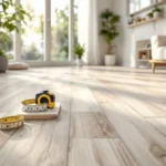 Een moderne woonkamer met natuurlijk ogende PVC-vloer, zonlicht, gereedschap voor installatie en minimalistisch meubilair.