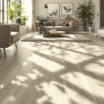 Een moderne woonkamer met een houtlook PVC-vloer, zonlicht, stijlvolle bank, decoratieve kunst, planten en een luxe, uitnodigende sfeer.