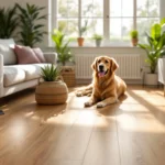 Een warme woonkamer met PVC-vloer in eikenlook, een golden retriever, moderne meubels en planten, benadrukt duurzaamheid en stijl.