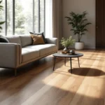 Moderne woonkamer met houtlook PVC-vloer, minimalistisch meubilair, zachte verlichting en een grote raam voor natuurlijk licht.