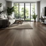 Een modern interieur met donker houten plak PVC-vloer, grote ramen, een plant en elegante meubels, benadrukt rust en duurzaamheid.