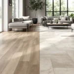 Moderne woonkamer met Plak- en Klik-PVC vloeren. Grote ramen, minimalistische meubels, neutrale tinten en een luxe uitstraling.
