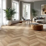 Een moderne Nederlandse woonkamer met luxe Plak PVC vloer in visgraatpatroon, omgeven door minimalistisch meubilair en aardetinten.
