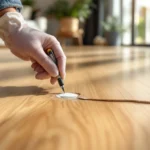 Een professionele hand herstelt subtiel een licht beschadigde PVC-vloer met houtnerfpatroon in een stijlvol, modern interieur.