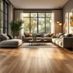 Stijlvolle woonkamer met PVC vloer in houtlook, minimalistisch meubilair, natuurlijke lichtinval en groene accenten voor duurzaamheid.