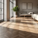 Elegante ruimte met PVC-vloer in houtlook visgraatpatroon, zonlicht en moderne meubels. Focus op vloerkwaliteit en luxe uitstraling.