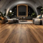 Een moderne souterrain met houtlook PVC-vloer, minimalistisch meubilair, sfeerverlichting, en een groene plant voor een warme uitstraling.