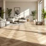 Een luxe, zonovergoten woonkamer met een herringbone PVC-vloer, moderne meubels en planten, straalt elegantie en duurzaamheid uit.