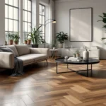 Luxe woonkamer met walvisgraat PVC vloer, moderne meubels en veel natuurlijk licht, benadrukt door planten en stijlvolle decoratie.