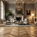 Luxe interieur met walvisgraat PVC-vloer, warme verlichting, eigentijdse meubels en aardetinten, straalt betaalbare elegantie uit.