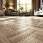 Close-up van luxe PVC-vloer met visgraatpatroon in een zonnige, moderne woonkamer, met subtiele kras en stijlvolle meubels.