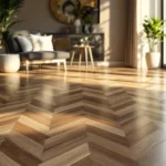 Een luxe interieur met een PVC-vloer in visgraatpatroon, subtiel glanzend, met een plant en moderne meubels in warme, neutrale tinten.