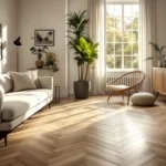 Zonnige kamer met luxe PVC-vloer in visgraatpatroon, moderne meubels, en licht-schaduwspel dat elegantie en UV-effecten toont.