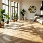 Moderne kamer met walvisgraat PVC vloer, zonlicht, planten en stijlvol meubilair, benadrukt luxe en milieuvriendelijkheid.