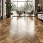 Luxe interieur met PVC-vloer in visgraatmotief, warme houttinten, minimalistisch meubilair en natuurlijk licht; duurzaam en stijlvol.