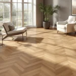 Luxueus interieur met walvisgraat PVC-vloer in houttint, minimalistisch meubilair en zachte verlichting voor een warme, moderne uitstraling.