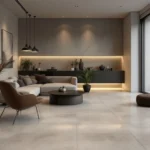 Moderne kamer met betonlook PVC-vloer, sfeervolle verlichting, eigentijds meubilair en subtiele groenaccenten; stijlvol en duurzaam.