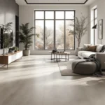 Moderne woonkamer met betonlook PVC-vloer, Scandinavische meubels en planten. Lichtinval benadrukt de stijlvolle en duurzame vloer.