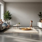 Een moderne woonkamer met PVC betonlook vloer, veel daglicht, een gezin van vier, minimalistische inrichting en warme, uitnodigende sfeer.