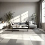 Een stijlvolle woonkamer met een betonlook PVC-vloer in grijstinten, minimalistisch meubilair en veel natuurlijk licht.