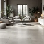 Interieur met betonlook PVC-vloer, Scandinavisch meubilair, natuurlijke lichtinval, grijs-aardetinten en planten voor een luxe sfeer.
