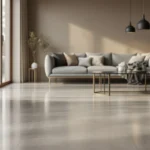 Stijlvol interieur met naadloze betonlook PVC-vloer, matte afwerking, minimalistisch meubilair en warme aardetinten voor een gezellige sfeer.
