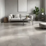 Een moderne woonkamer met een PVC betonlook vloer naast een ruwe betonnen vloer, minimalistisch meubilair en chique decor.