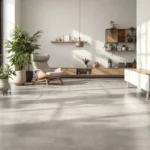 Interieur met luxe PVC-vloer in betonlook, natuurlijk licht, minimalistische eco-decor met planten en hout, serene en duurzame sfeer.