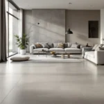 Moderne, zonovergoten woonkamer met betonlook PVC-vloer, minimalistisch ingericht met een neutraal kleurenpalet en stijlvol meubilair.
